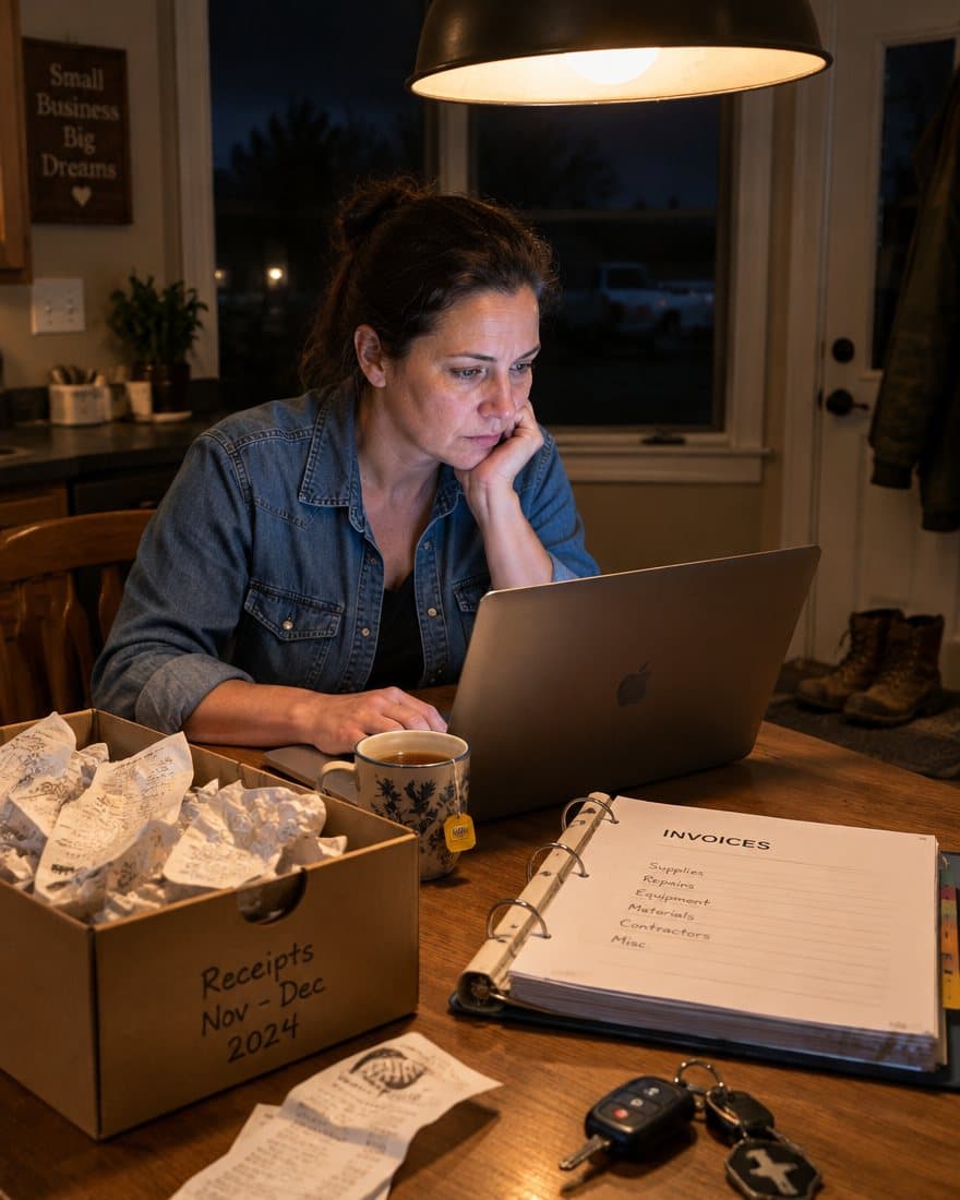 A woman doing the books at a kitchen table at night (AI-generated illustration)