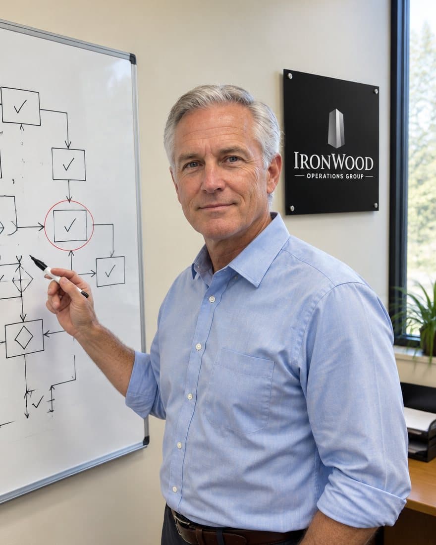 A person beside a whiteboard workflow diagram (AI-generated illustration)
