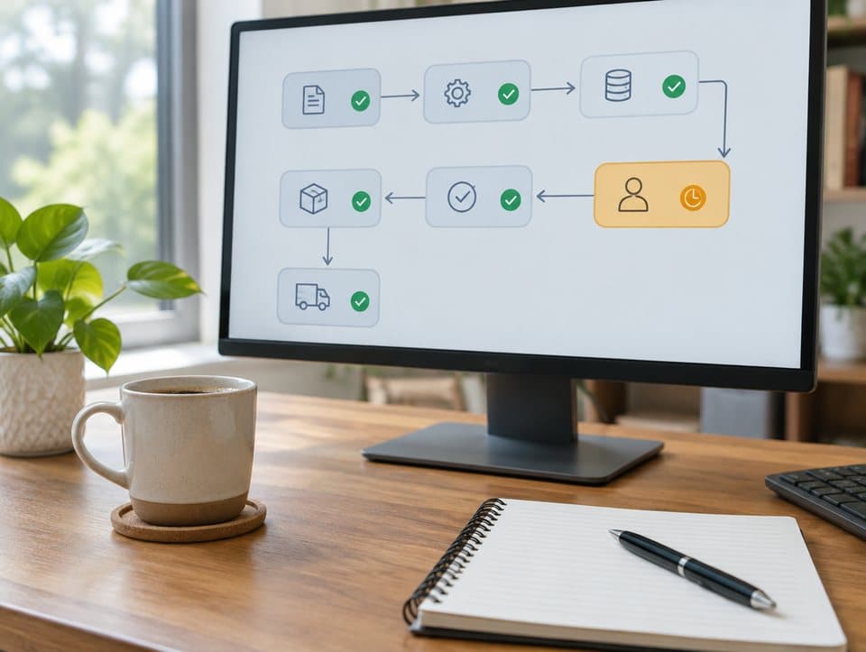 A workflow diagram of connected steps with green checks on a desk monitor (AI-generated illustration)