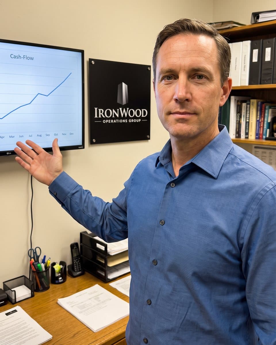 A man pointing at a cash-flow chart beside the Ironwood sign (AI-generated illustration)