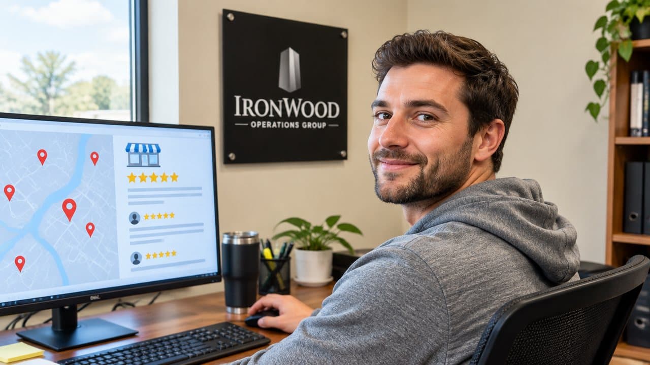 A man at his desk beside a map and star ratings on a monitor (AI-generated illustration)