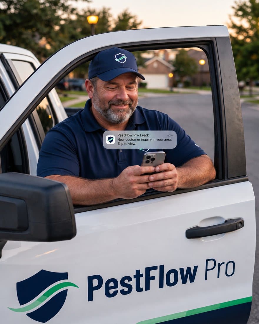 A man at a pest control truck reading a new lead alert on his phone (AI-generated illustration)