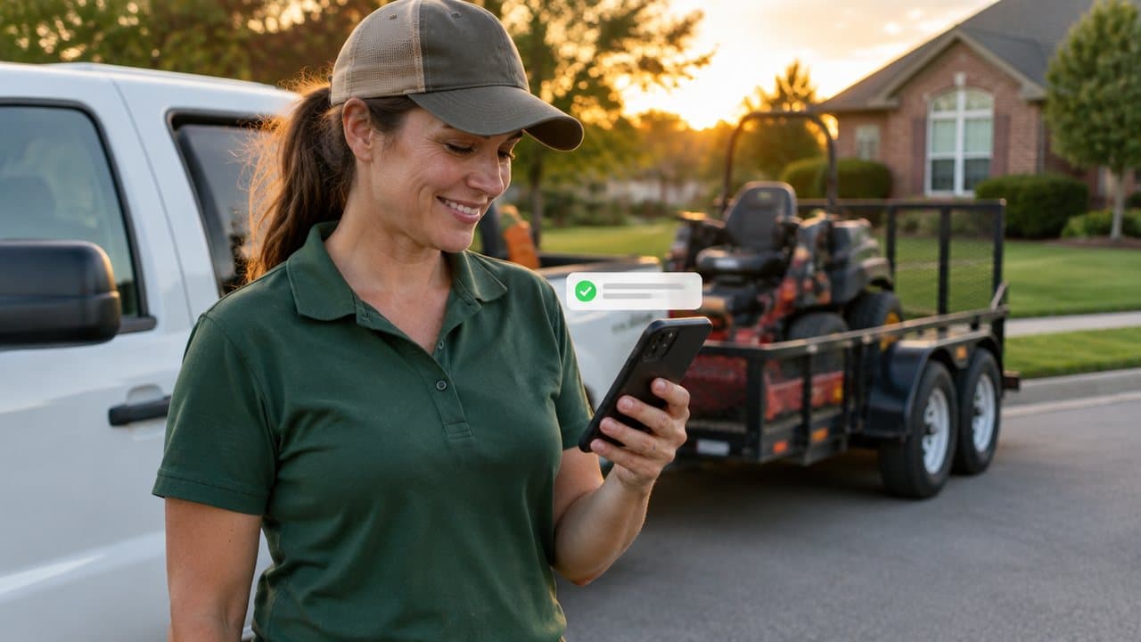 A woman beside a truck and trailer reading a new lead alert on her phone (AI-generated illustration)