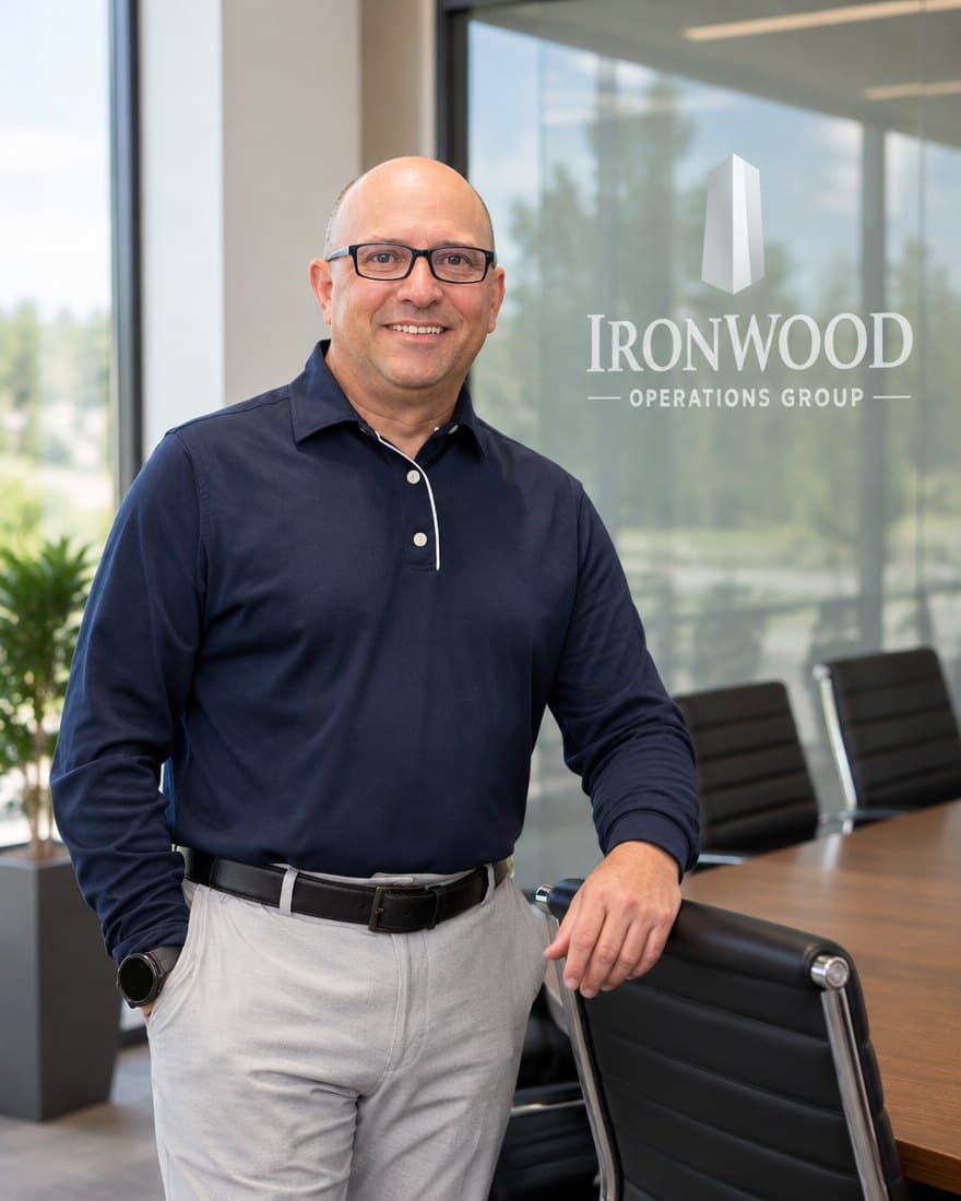 Scott DeVore, founder of Ironwood Operations Group, standing beside a boardroom chair next to the Ironwood glass wall (AI-composed from his own photos)