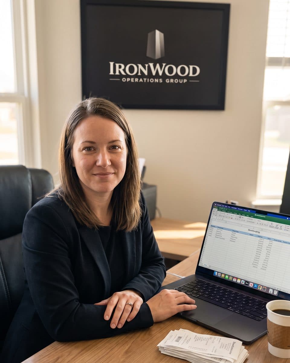 A woman at a desk with a laptop and receipts, an Ironwood sign behind her (AI-generated illustration)
